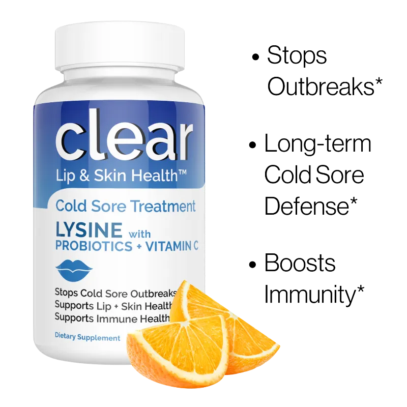A white bottle of Clear Lip & Skin Health cold sore treatment with a blue and white label, shown on a white background with orange slices and bullet points describing benefits.