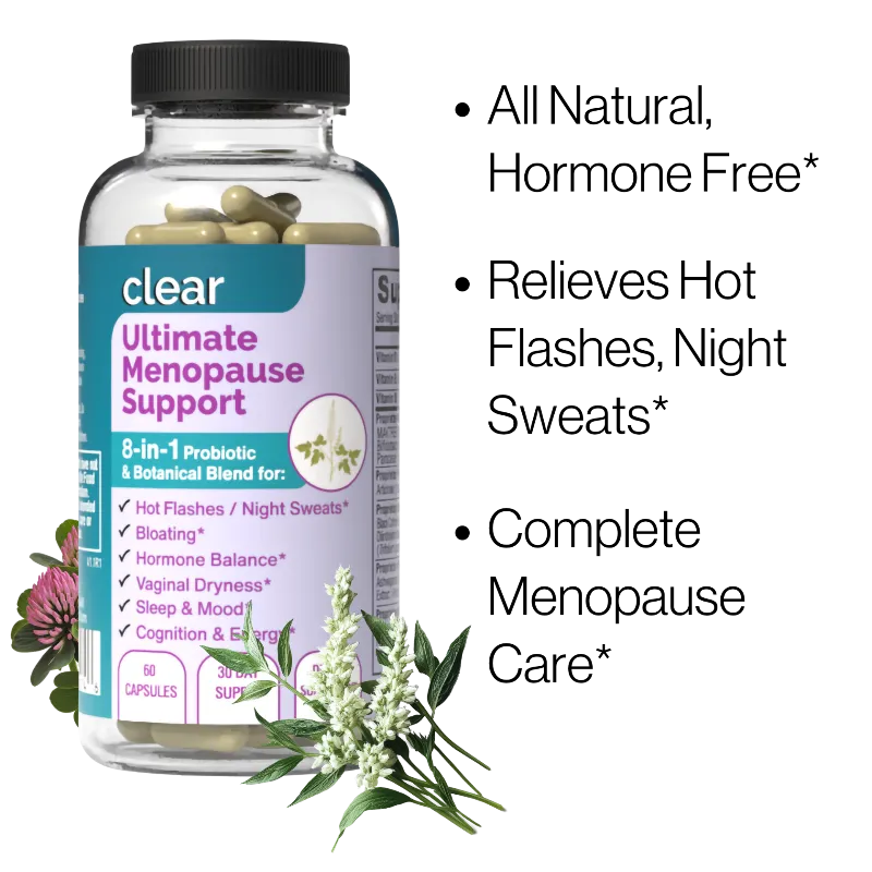 A bottle of Clear Ultimate Menopause Support capsules shown on a white background with promotional text on the right and botanical illustrations at the bottom. The bottle has a black cap and a lavender label with green and white text.