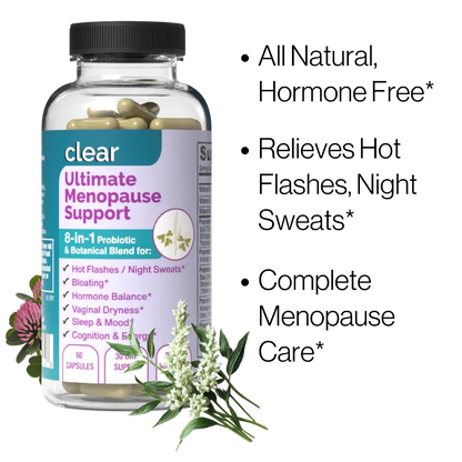 A bottle of Clear Ultimate Menopause Support capsules shown on a white background with promotional text on the right and botanical illustrations at the bottom. The bottle has a black cap and a lavender label with green and white text.