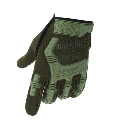 Olive green outdoor adventure glove with reinforced knuckles and rubber text design.