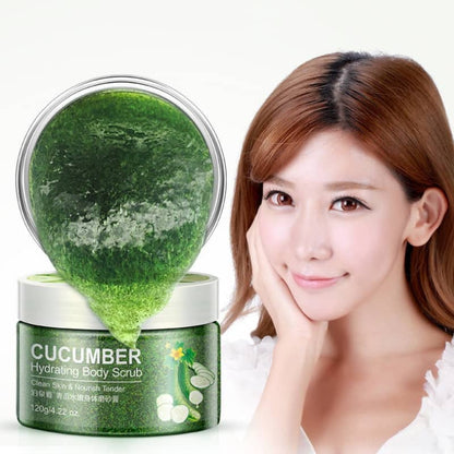 Cucumber hydrating body scrub with a woman posing next to it