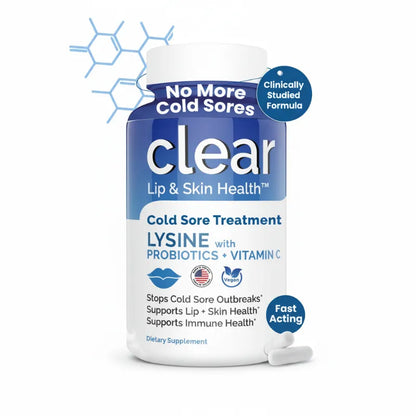 A white bottle of Clear Lip & Skin Health cold sore treatment with a blue label, shown on a white background with a few white capsules in front and blue graphic callouts.