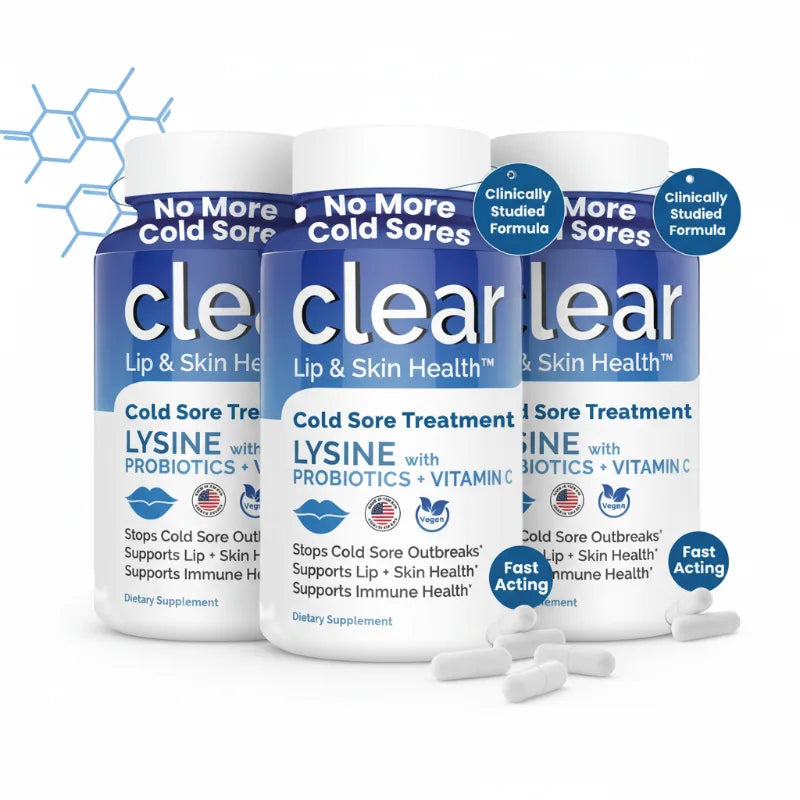 Three bottles of clear Lip & Skin Health Cold Sore Treatment with white tablets scattered in front, on a white background with a blue molecular graphic.