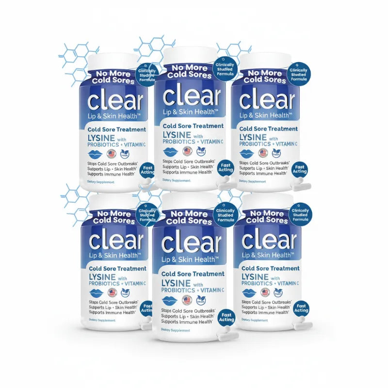 Six bottles of clear brand Cold Sore Treatment Lysine arranged in two rows on a white background with blue graphic accents.