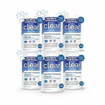 Six bottles of clear brand Cold Sore Treatment Lysine arranged in two rows on a white background with blue graphic accents.