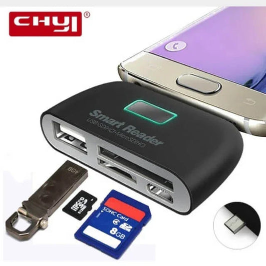 Multi-port smart card reader connected to smartphone with USB, SD, and microSD cards