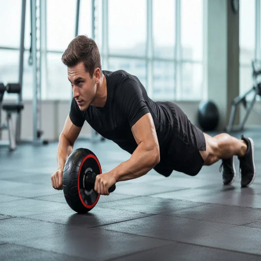 Man using ab roller wheel for core workout in gym