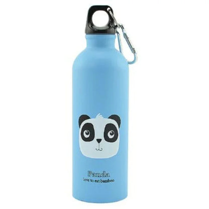 Blue metal water bottle with panda graphic, black cap, and attached carabiner clip
