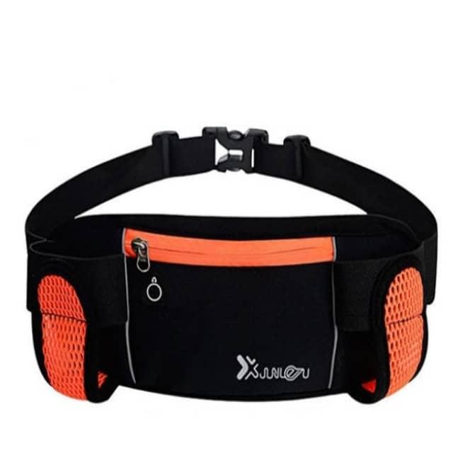 Black and orange waist bag with a visible brand logo on a white background