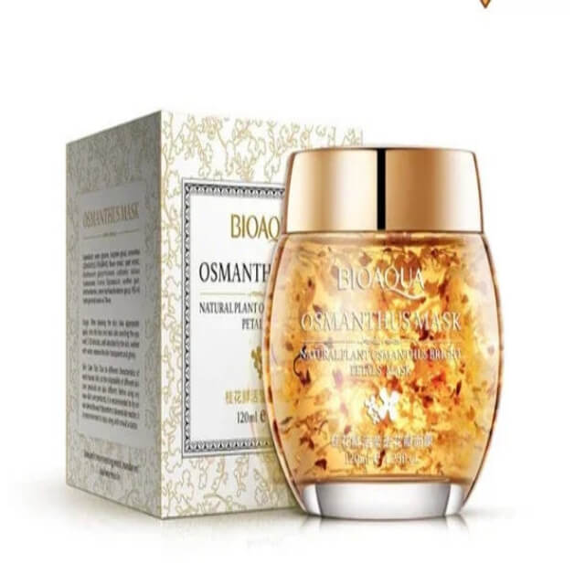 Bioaqua Osmanthus Mask jar and box with visible gold lid and flower petal formula