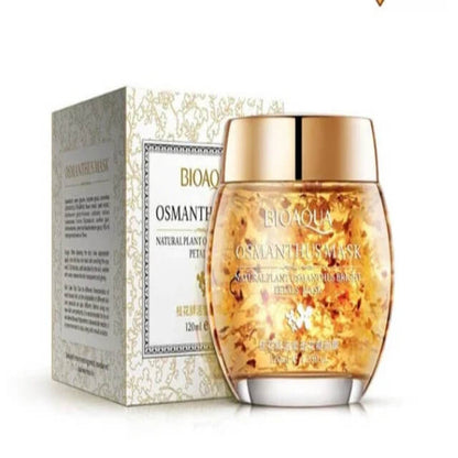 Bioaqua Osmanthus Mask jar and box with visible gold lid and flower petal formula