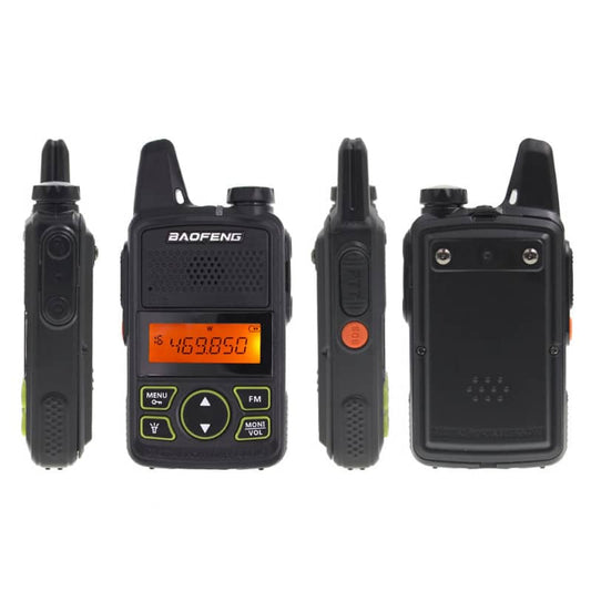 Black walkie-talkie with digital display on a white background