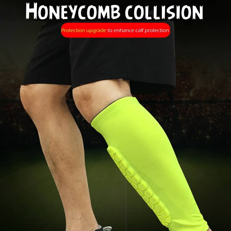 Person wearing a bright green honeycomb collision protection sleeve on a dark background