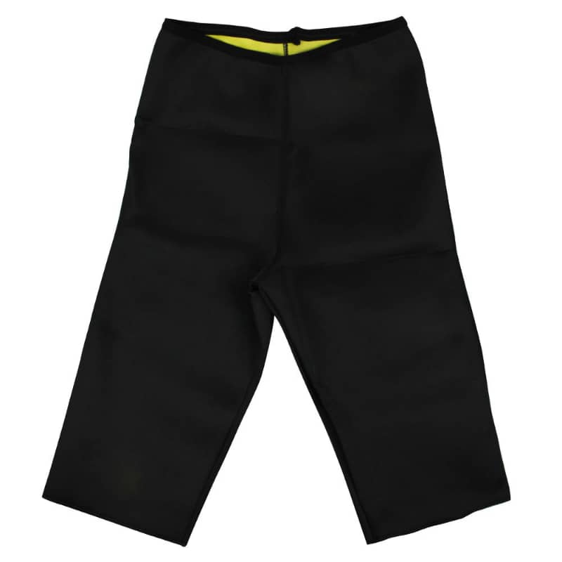 Black pants with a yellow waistband on a white background
