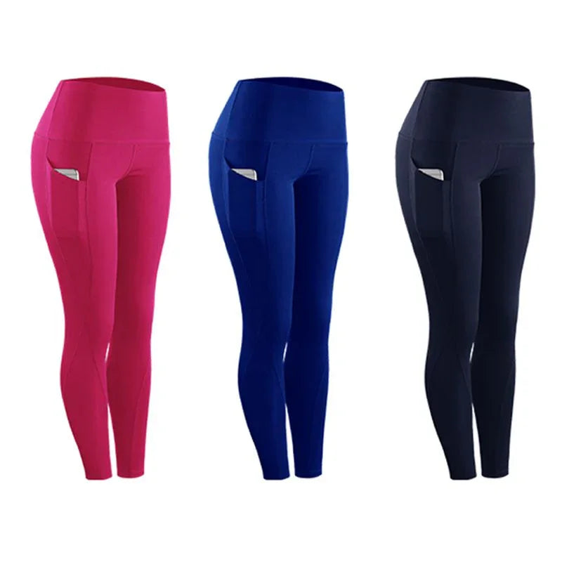 Set of three high-waist fitness leggings in pink, blue, and black with side pockets for phones