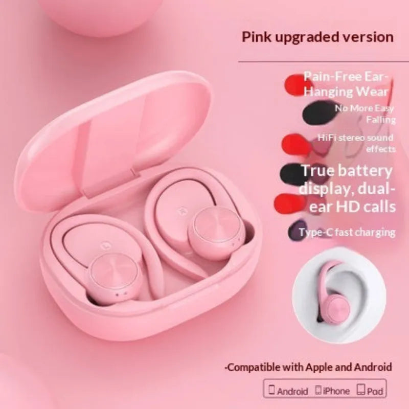 Pink upgraded version of wireless earbuds in an open matching charging case, shown on a pink background with feature callouts and compatibility text for Apple and Android.
