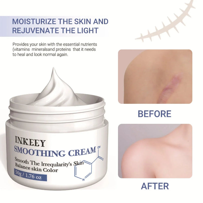 Smoothing cream jar for skin rejuvenation with before and after scar treatment results