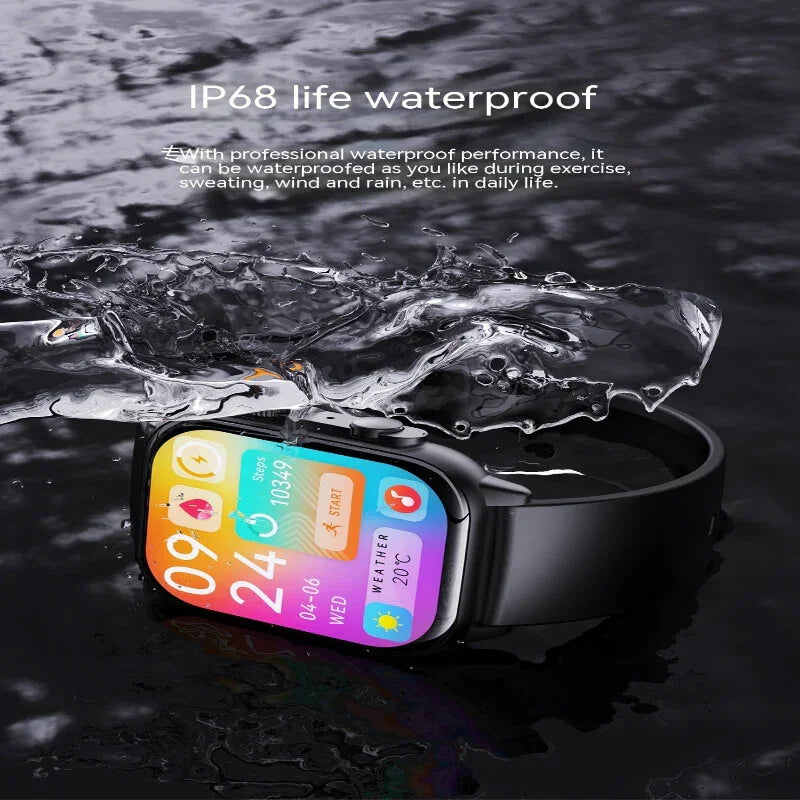 Waterproof fitness smartwatch with colorful display submerged in water, IP68 rating shown.