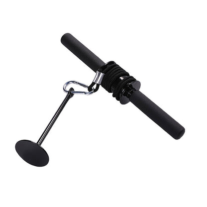 Black exercise tool with a handle and hanging disc on a white background