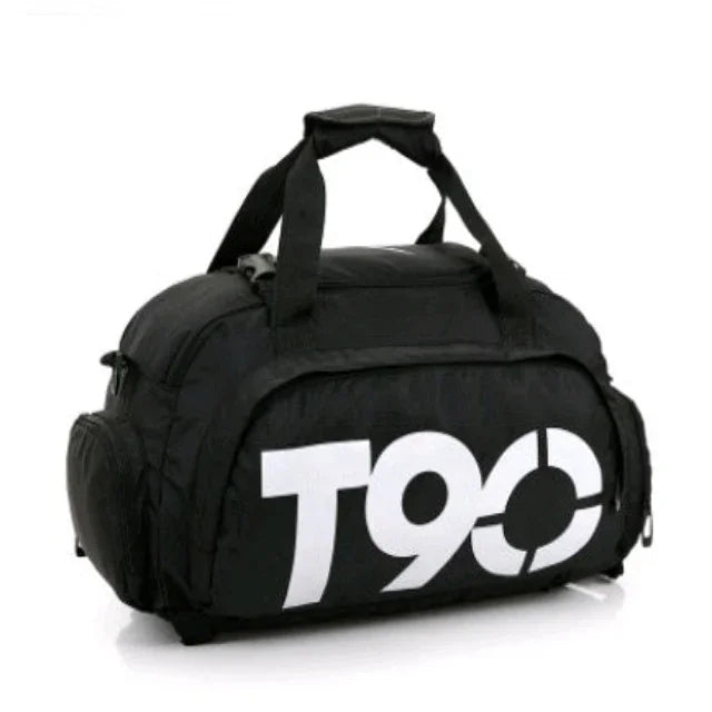 Black gym duffel bag with T90 logo, spacious side pockets, and top handles