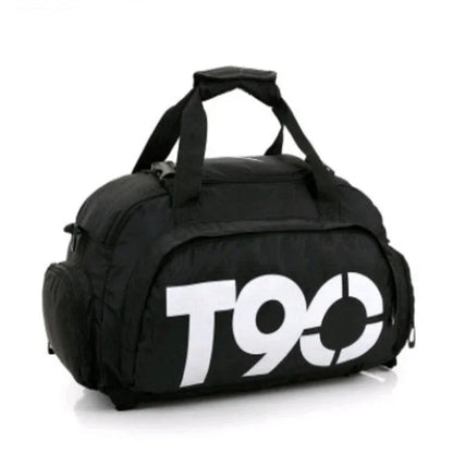 Black gym duffel bag with T90 logo, spacious side pockets, and top handles