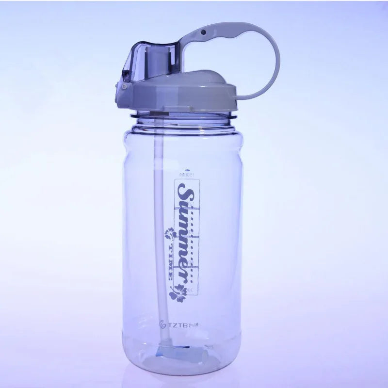 Clear plastic water bottle with gray flip-top lid and carry handle, labeled Summer Time fitness bottle