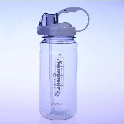 Clear plastic water bottle with gray flip-top lid and carry handle, labeled Summer Time fitness bottle