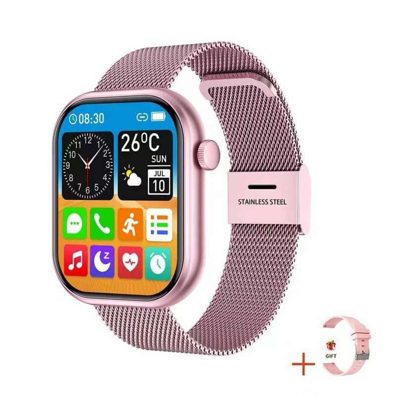 Smartwatch with a pink mesh band on a white background