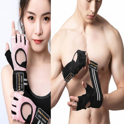 Two people wearing black and pink fitness gloves with visible branding.