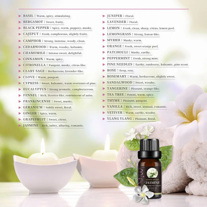 Aromatherapy product with essential oil bottle and candles on a table, featuring a list of scents.