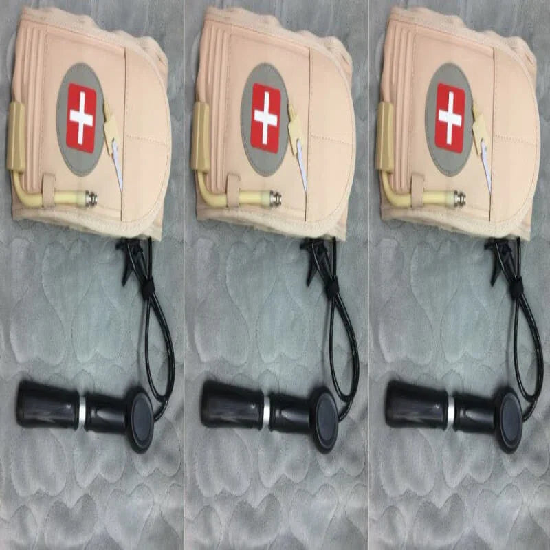 Three views of a medical device with a red cross symbol on a textured gray background