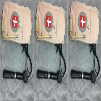 Three views of a medical device with a red cross symbol on a textured gray background