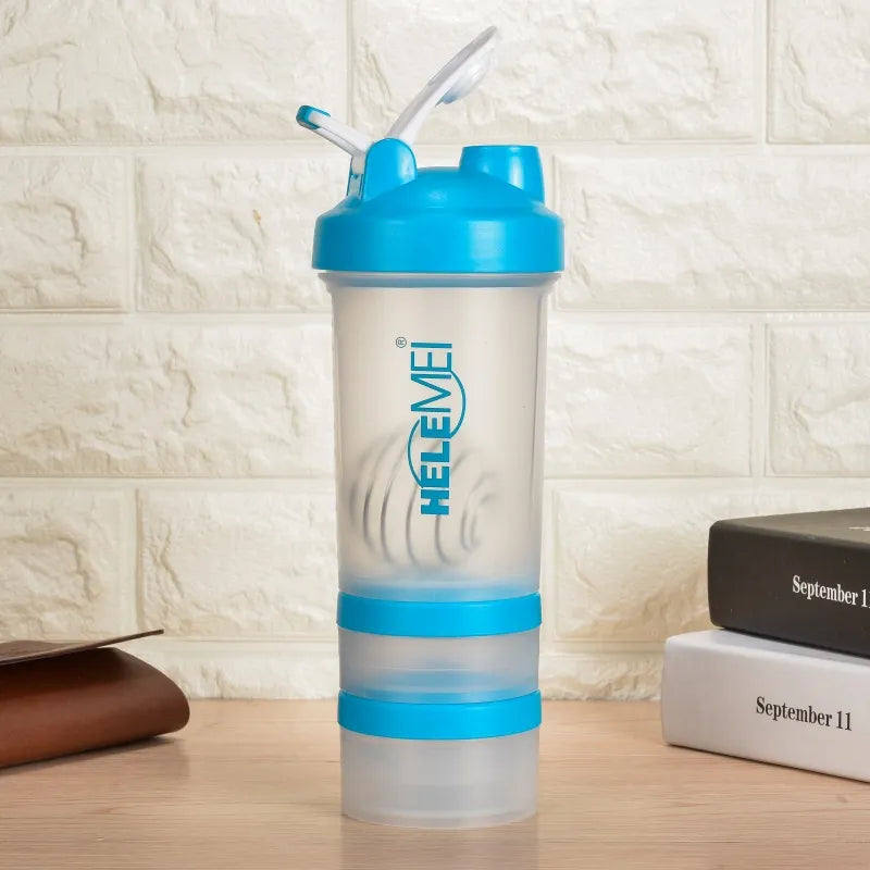 Clear shaker bottle with blue lid and HELEVEI branding on a wooden surface with a tiled wall background.