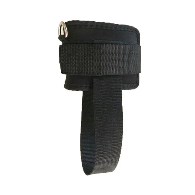 Black strap with a metal clip on a white background