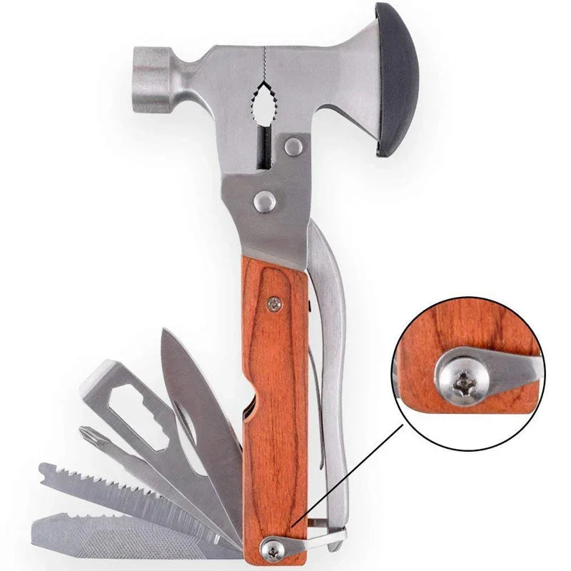 Multi-tool hammer with wooden handle, featuring knife, saw, and bottle opener attachments