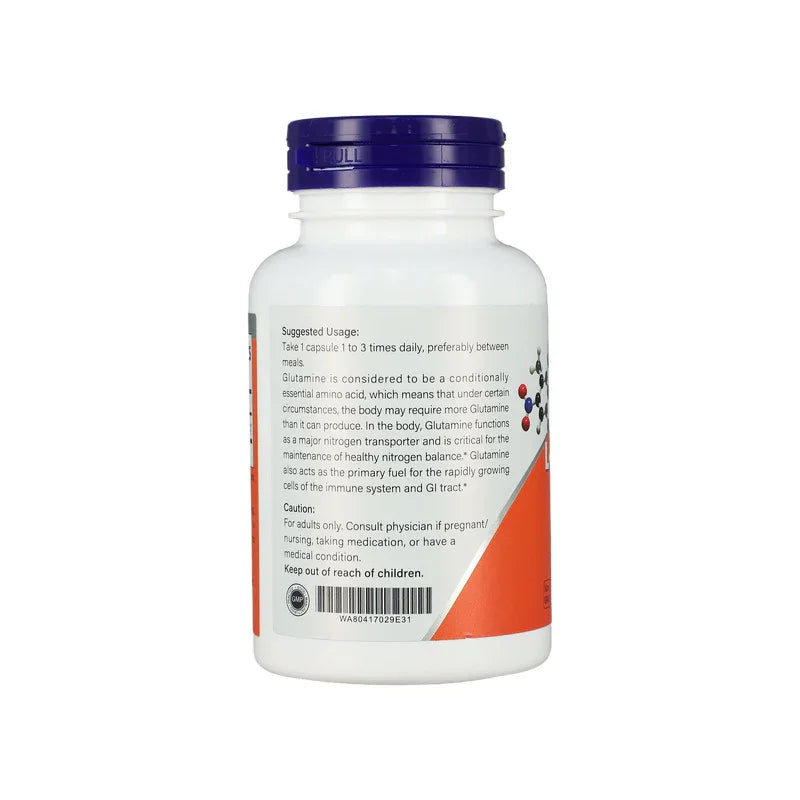 White supplement bottle with blue cap showing glutamine usage instructions and health benefits label