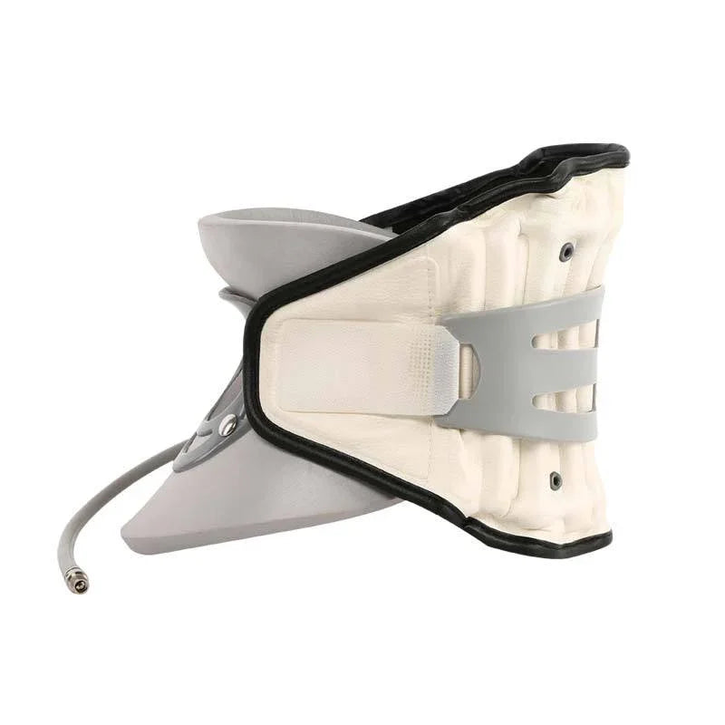 White and gray inflatable neck traction device with adjustable strap and air hose for fitness and recovery