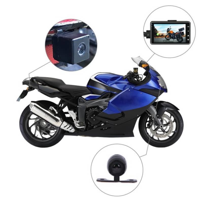 Blue motorcycle with camera equipment on a white background
