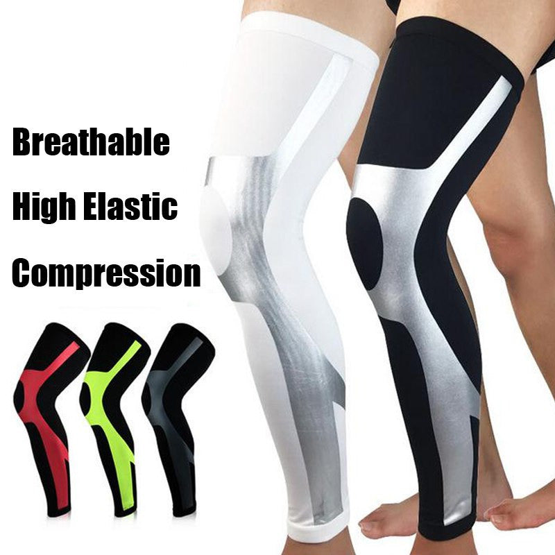 Compression leg sleeves in black, white, and red with text 'Breathable High Elastic Compression'.