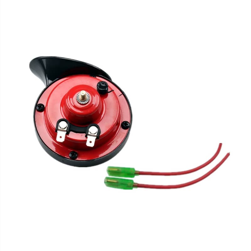 Red and black electric horn with two wires on a white background