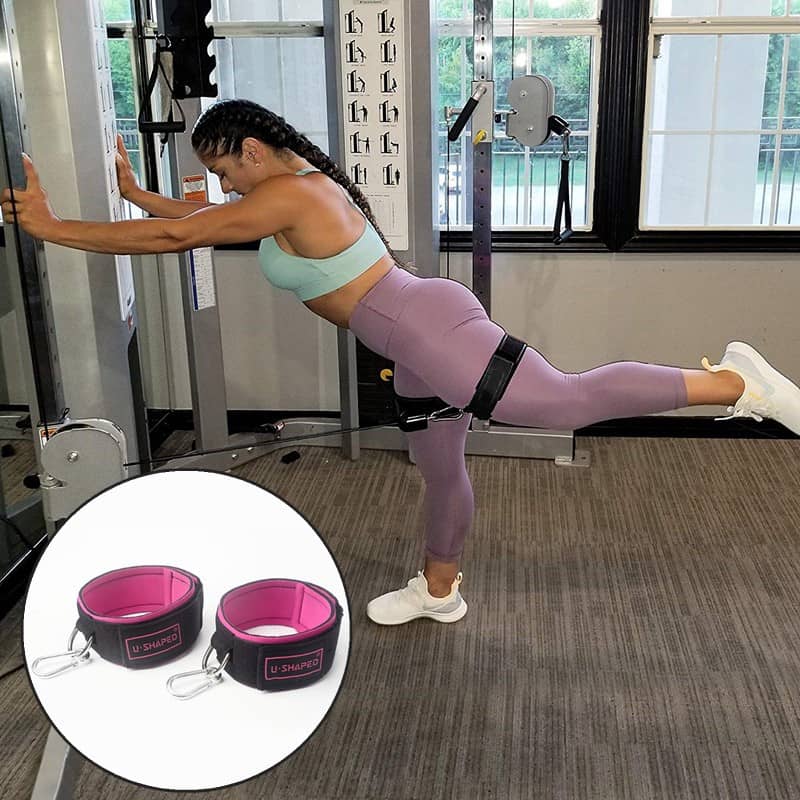 Woman exercising in a gym with a close-up of pink resistance bands inset.
