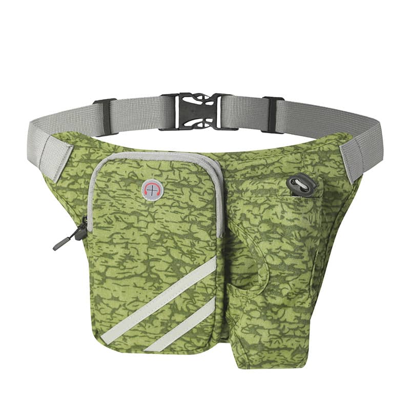 Green camouflage waist bag with a gray strap on a white background