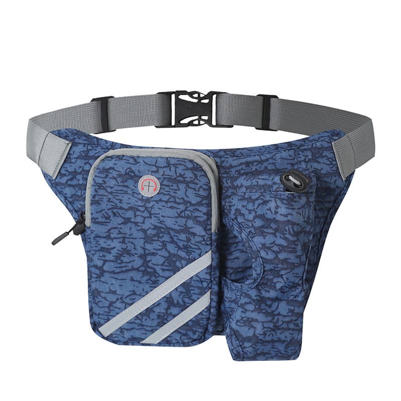Blue camouflage waist bag with gray strap on a white background