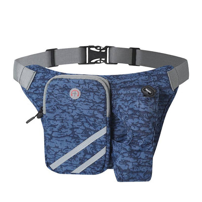 Blue camouflage waist bag with gray strap on a white background