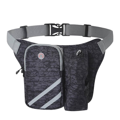 Black patterned waist bag with gray strap on a white background