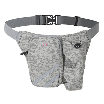 Gray camouflage waist bag with a belt on a white background