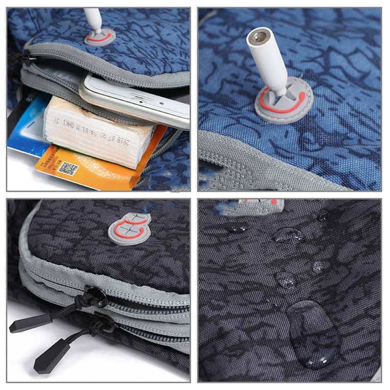 Collage of a bag with a pen holder, zipper details, and brand logo.