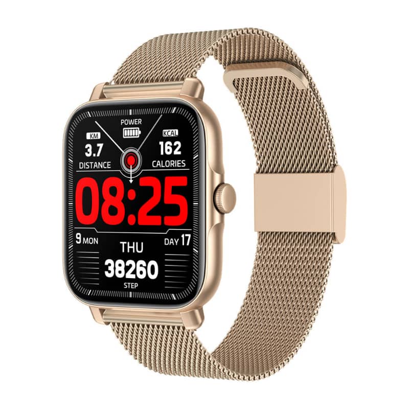 Smartwatch with a gold mesh band on a white background