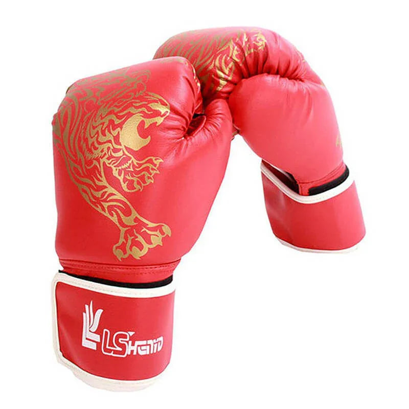 Red boxing gloves with gold tiger design and white accents on a white background