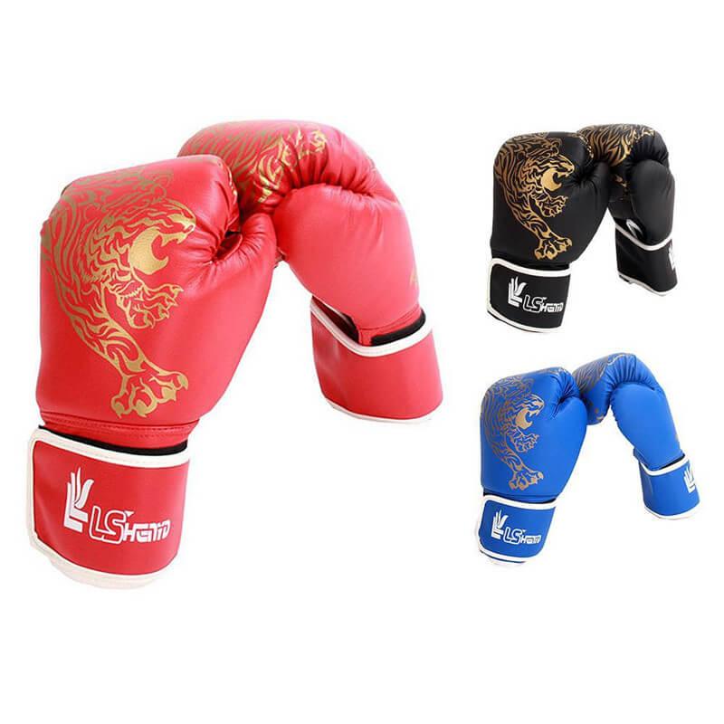 Red, black, and blue boxing gloves with gold logos on a white background